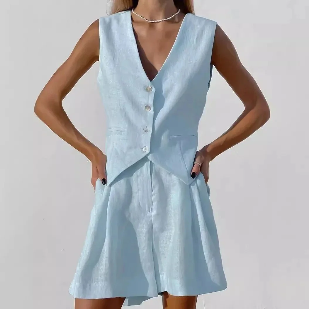 Linen Blend Vest and Shorts Set