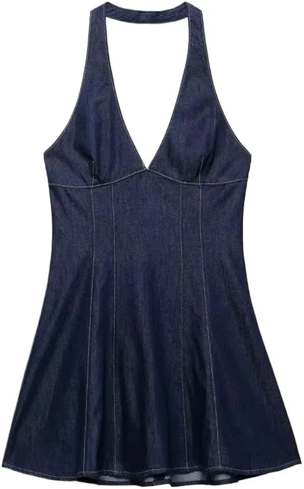 Vintage Halter Denim A-line Mini Dress Sleeveless V-neck Backless High Street Style