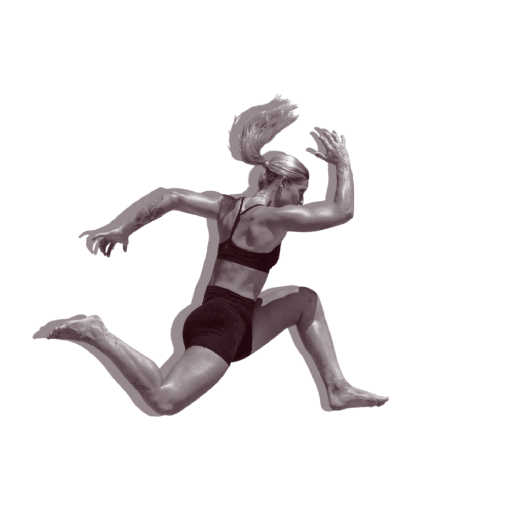 A woman with long hair tied back is mid-air in a running or jumping pose, wearing athletic wear.