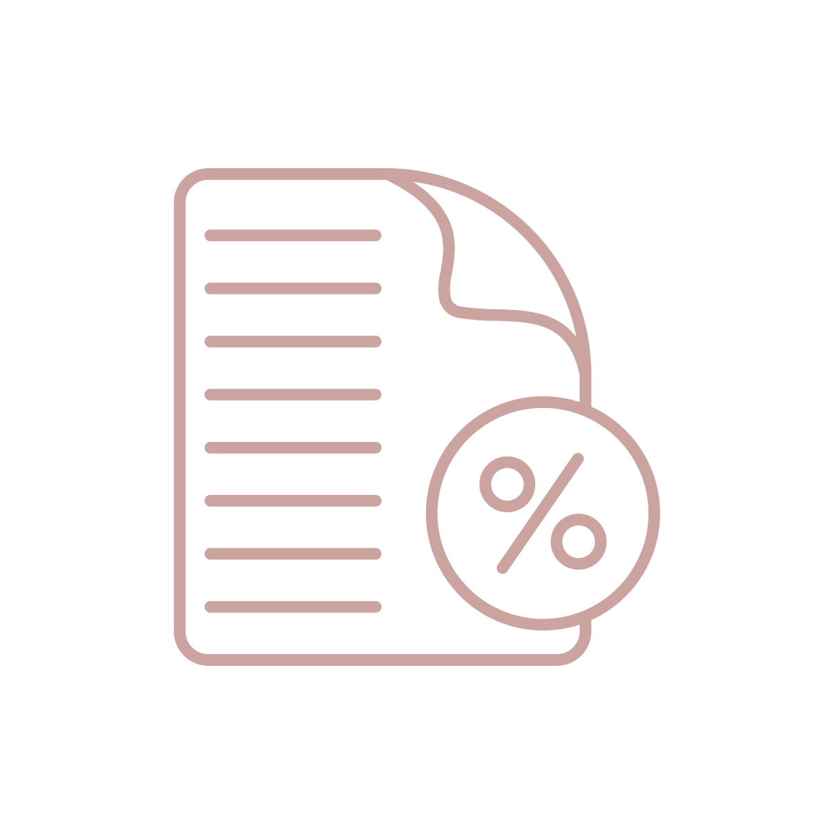 An icon of a document with a folded corner, several lines, and a large percent mark. The document is in a rose color. 