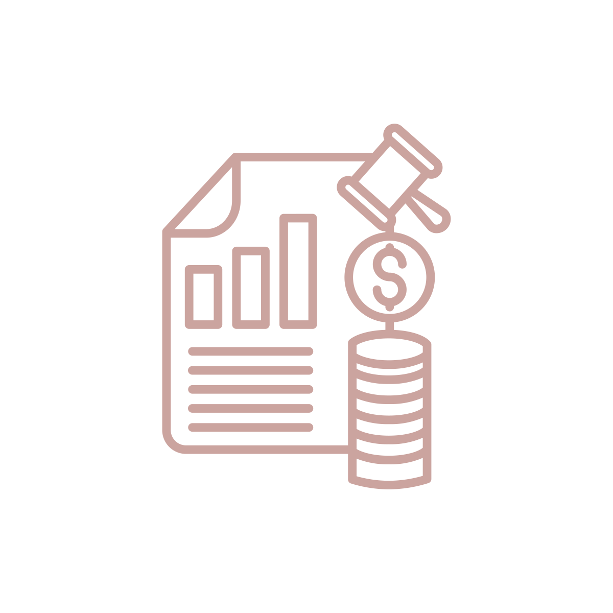 icons of a document, a judge's gavel, and a stack of U.S. coins in rose pink.