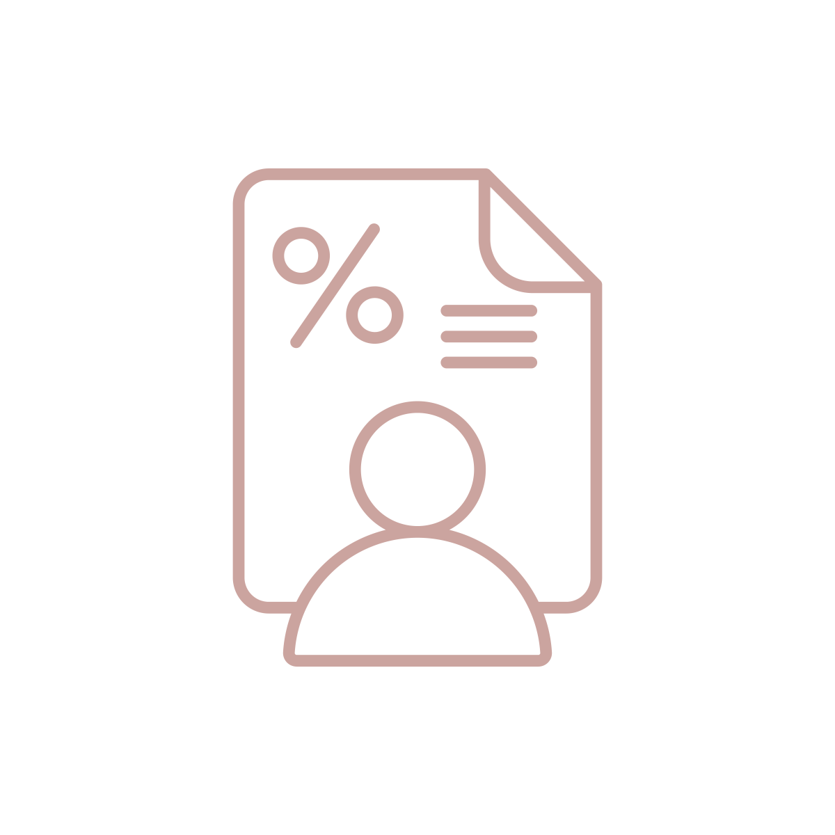 An icon of a document with a folded corner, several lines, a large percent mark, and the outline of a person looking at it. The document is in a rose color. 