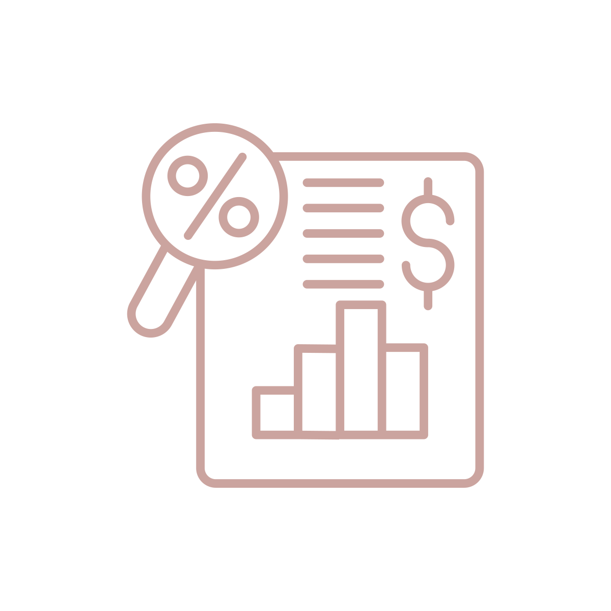 An icon of a document with lines and a dollar sign and a bar graph, and a magnifying glass with a percent sign in the middle. The document is in a rose pink color. 