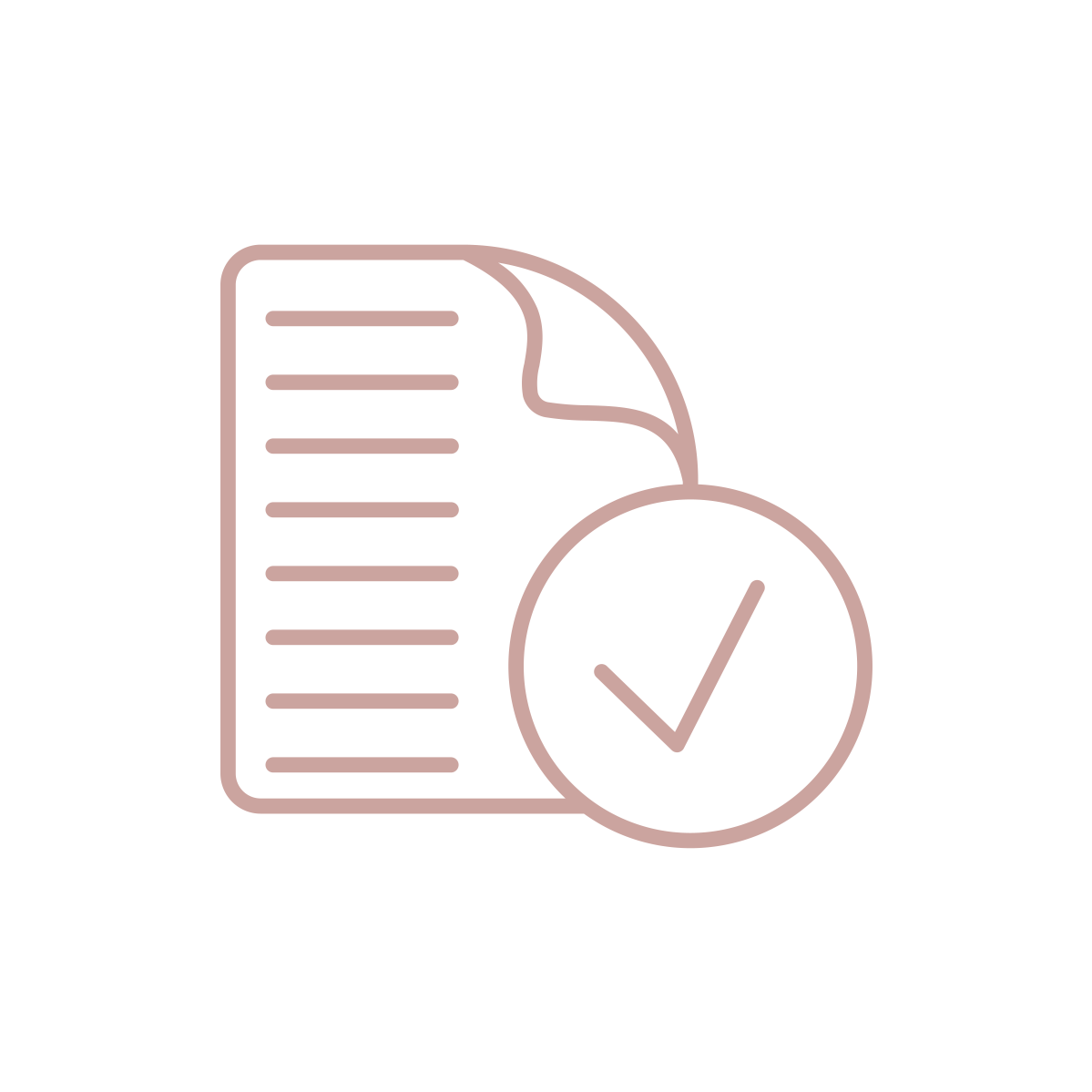 An icon of a document with a folded corner, several lines, and a large check mark. The document is in a rose color. 