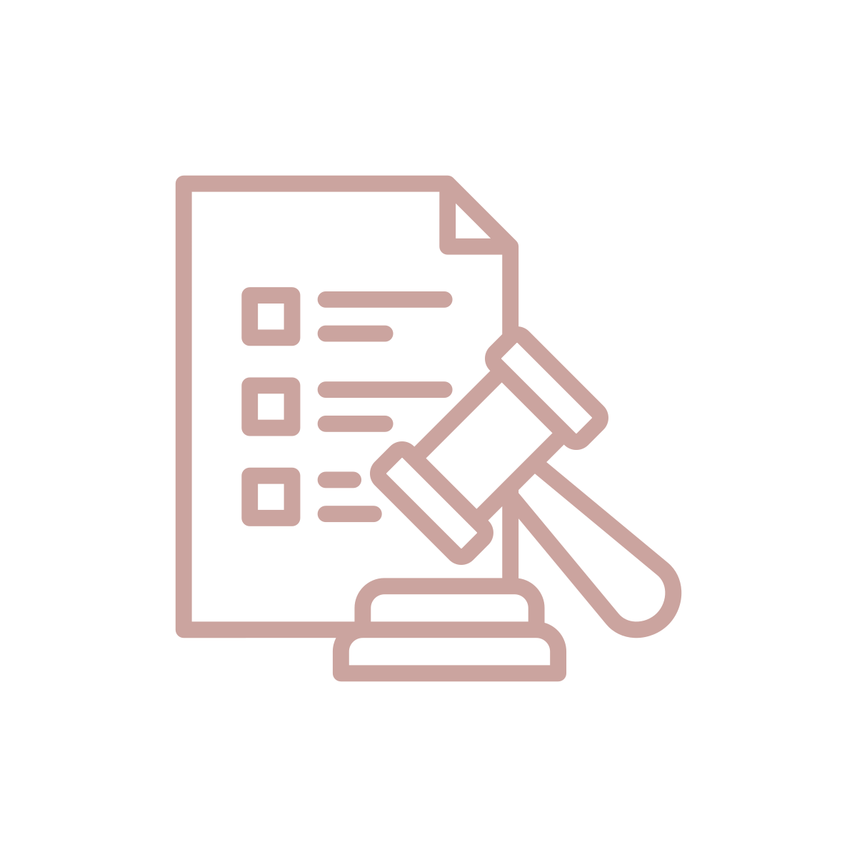 An icon of a report with check boxes and text lines with an icon of a judge's gavel in front. The icon is in a rose pink color.