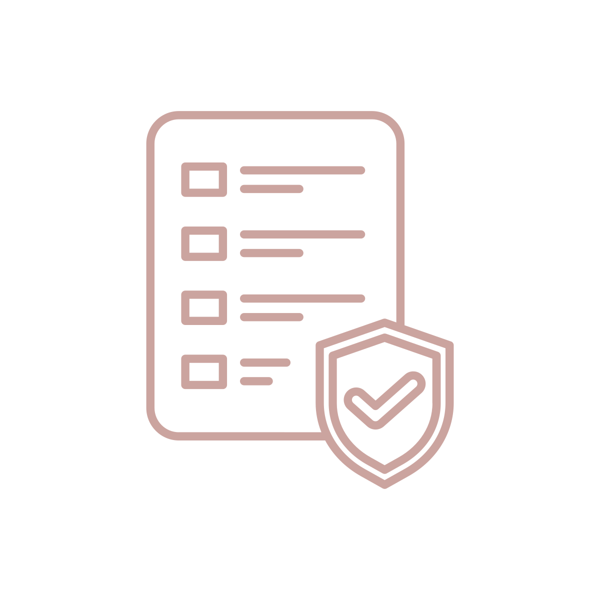 An icon of a report with check boxes and text lines with an icon of a security sheild with a check mark in front. The icon is in a rose pink color.