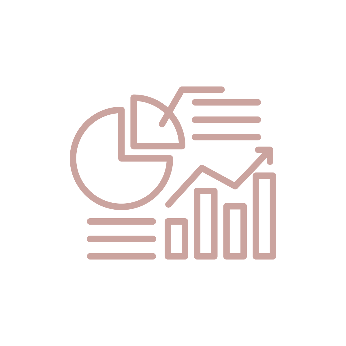 An icon of a pie chart, bar chart, and text lines. The document is in a rose color. 