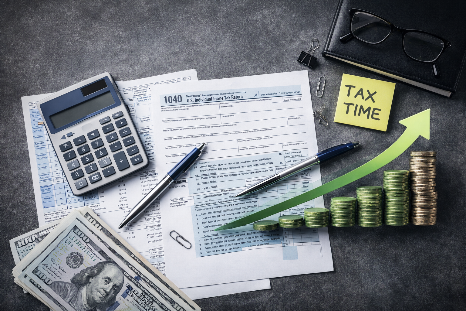 An office desk with tax documents, a calculator, a pen, a notebook, eyeglasses, paper clips, a sticky note labeled 'Tax Time,' a dollar bill, and a green arrow pointing upward with stacks of coins symbolizing financial growth or tax savings.
