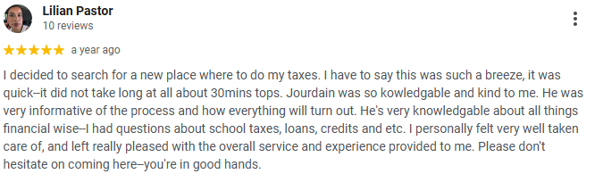 Customer review with 5-star rating for Lilian Pastor, praising her knowledgeable and kind tax service, mentioning her helpfulness with school taxes, loans, and credits, and her personable care.