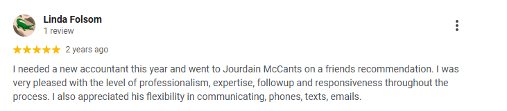 Screenshot of a 5-star online review by Linda Folsom praising Jourdain McCants for his professionalism and communication skills.