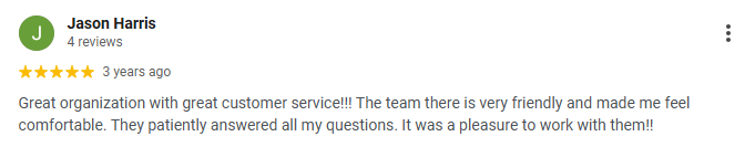 Screenshot of a customer review by Jason Harris, 4 reviews, 5-star rating, written 3 years ago praising the friendly team and customer service.