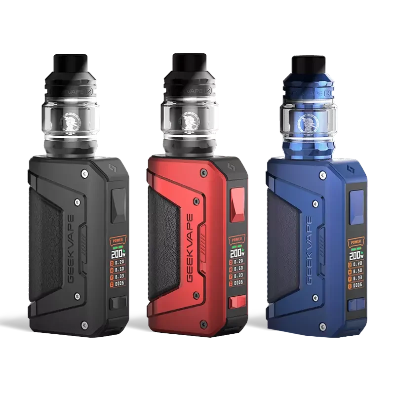 Three GeekVape vaping devices in black, red, and blue, each with a tank on top.