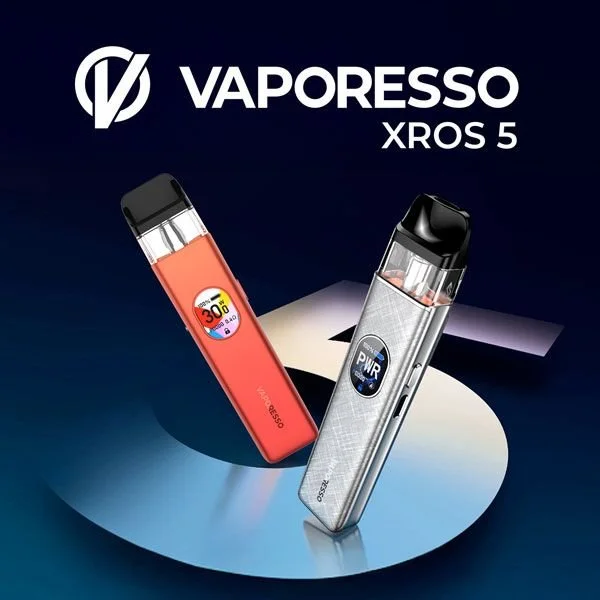 Vaporesso XROS 5 vaping devices, one in black and silver and the other in red, displayed on a dark background with the Vaporesso logo and product name.