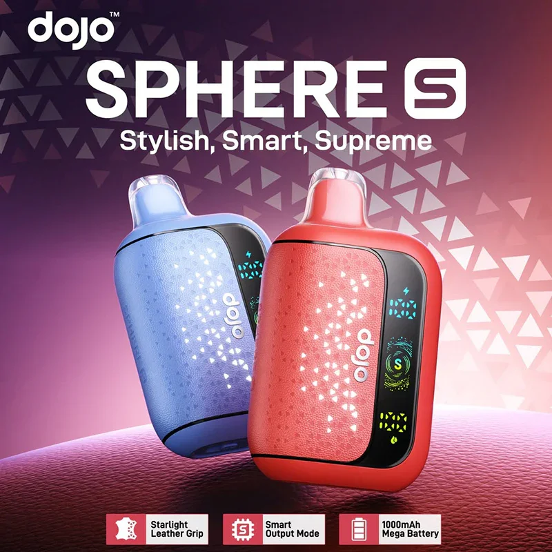 Package of Dojo Sphere S portable speakers in blue and red with features: starlight leather grip, smart output mode, 1000mAh mega battery.