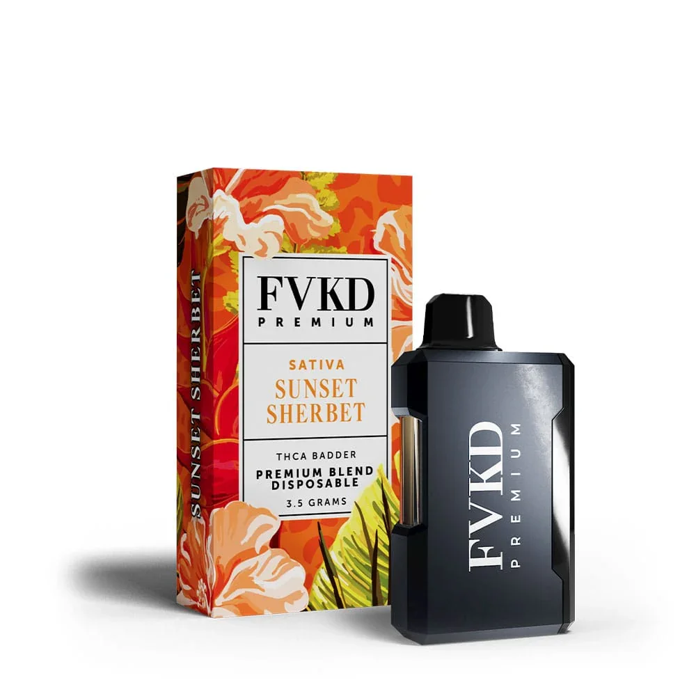 A box and a disposable vape device. The box is labeled 'FVKD Premium,' 'Sativa Sunset Sherbet,' 'Thca Bader,' 'Premium Blend,' and 'Disposable 3.5 grams.' The vape device is black with the brand name 'FVKD Premium' written vertically on it.