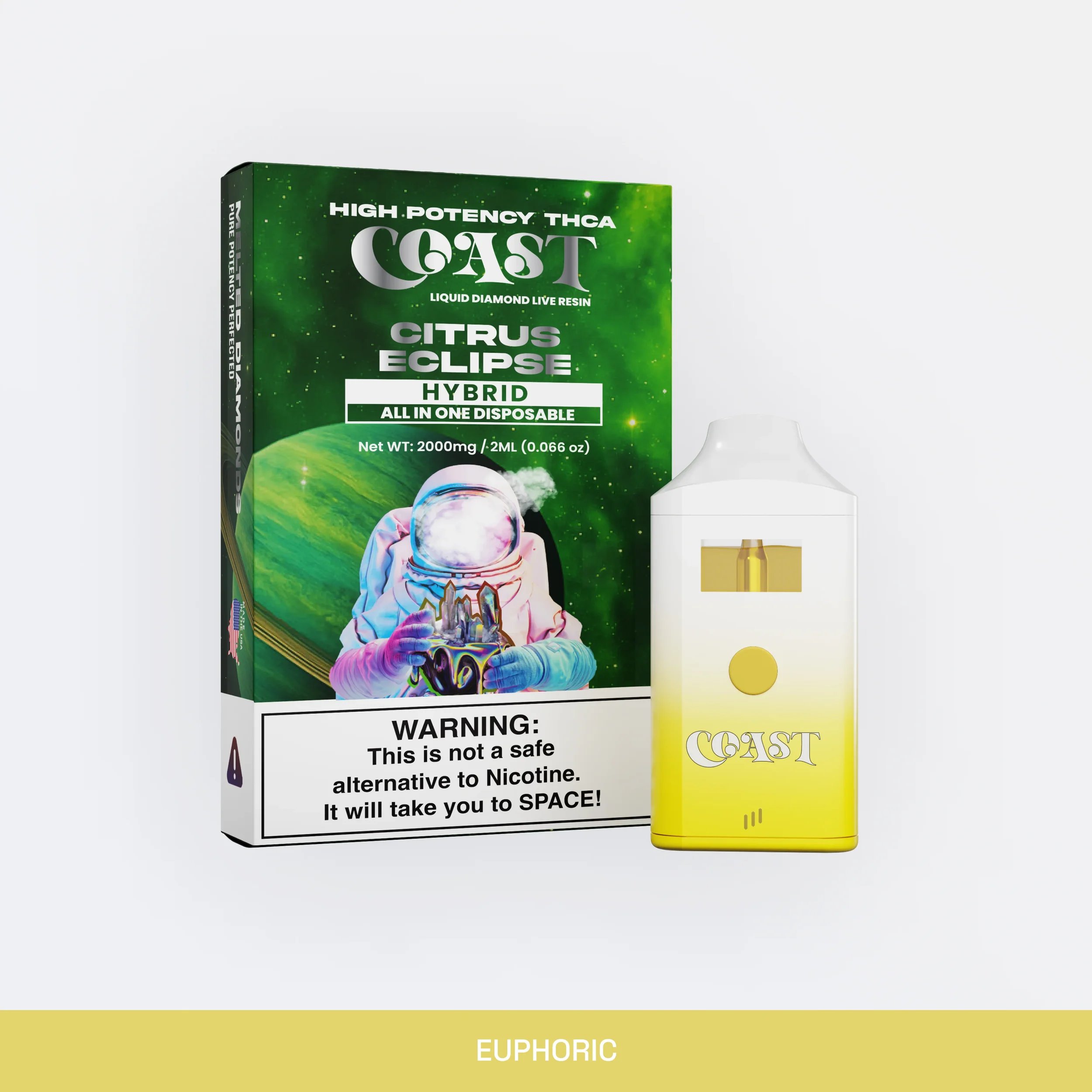 A box of Coast Citrus Eclipse THC vape and a vape device, with warning label and space-themed graphics.