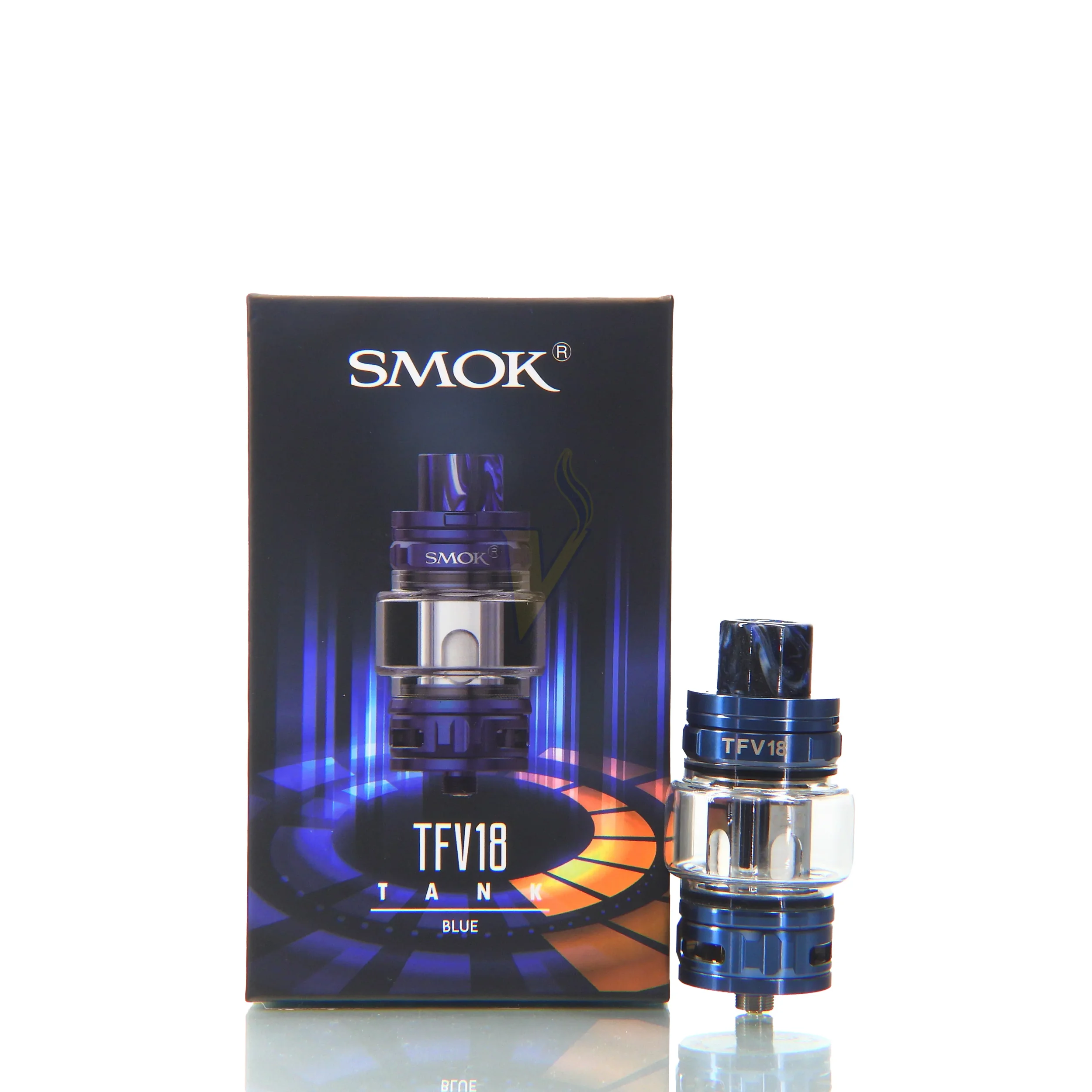 SMOK TFV18 tank and packaging with blue and black design.
