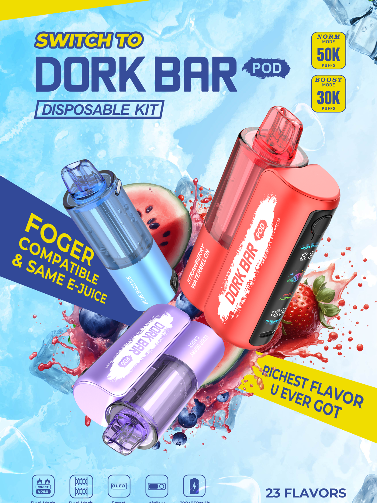 Package for switch to dork bar disposable vape pod kit features three colorful pods labeled blue mint, strawberry watermelon lemon, and purple candy, with a background of fresh fruits and splashes of juice. The box also displays information about modes, puff capacity, and flavor options.