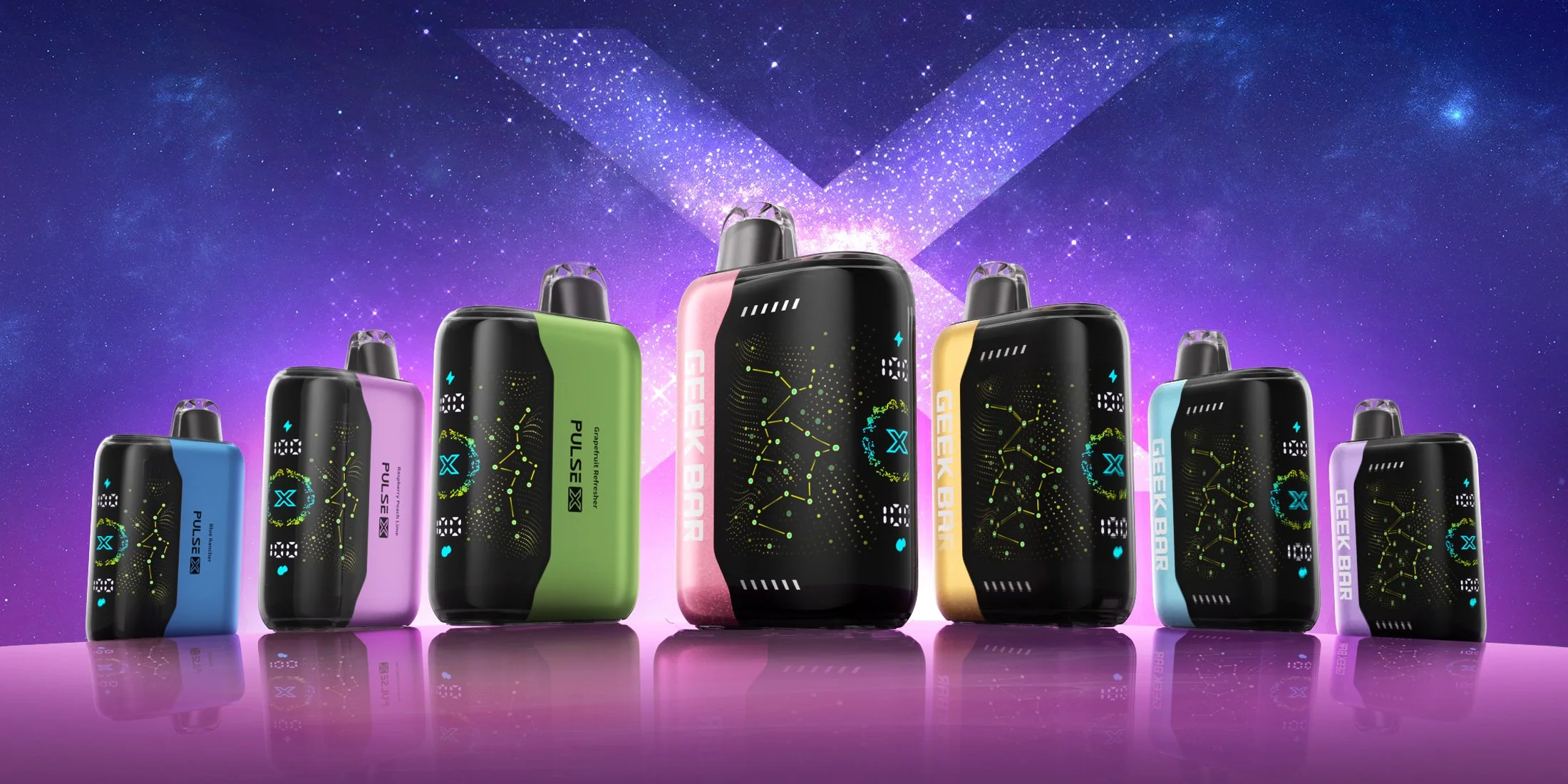 A lineup of seven colorful electronic devices with galaxy-themed designs and digital displays against a starry, cosmic background with purple and blue hues.