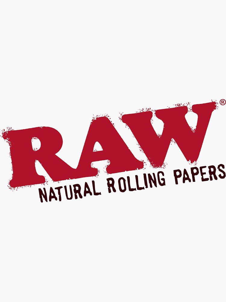 Logo for RAW Natural Rolling Papers with red, distressed text and black tagline.