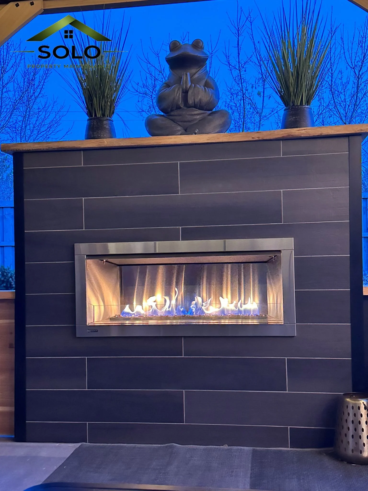 A modern gas fireplace with flames burning inside, mounted on a dark tiled wall. Two potted plants are placed on top of the mantel, and a statue of a frog sitting cross-legged in a meditative pose is positioned between the plants. There is a metal tr