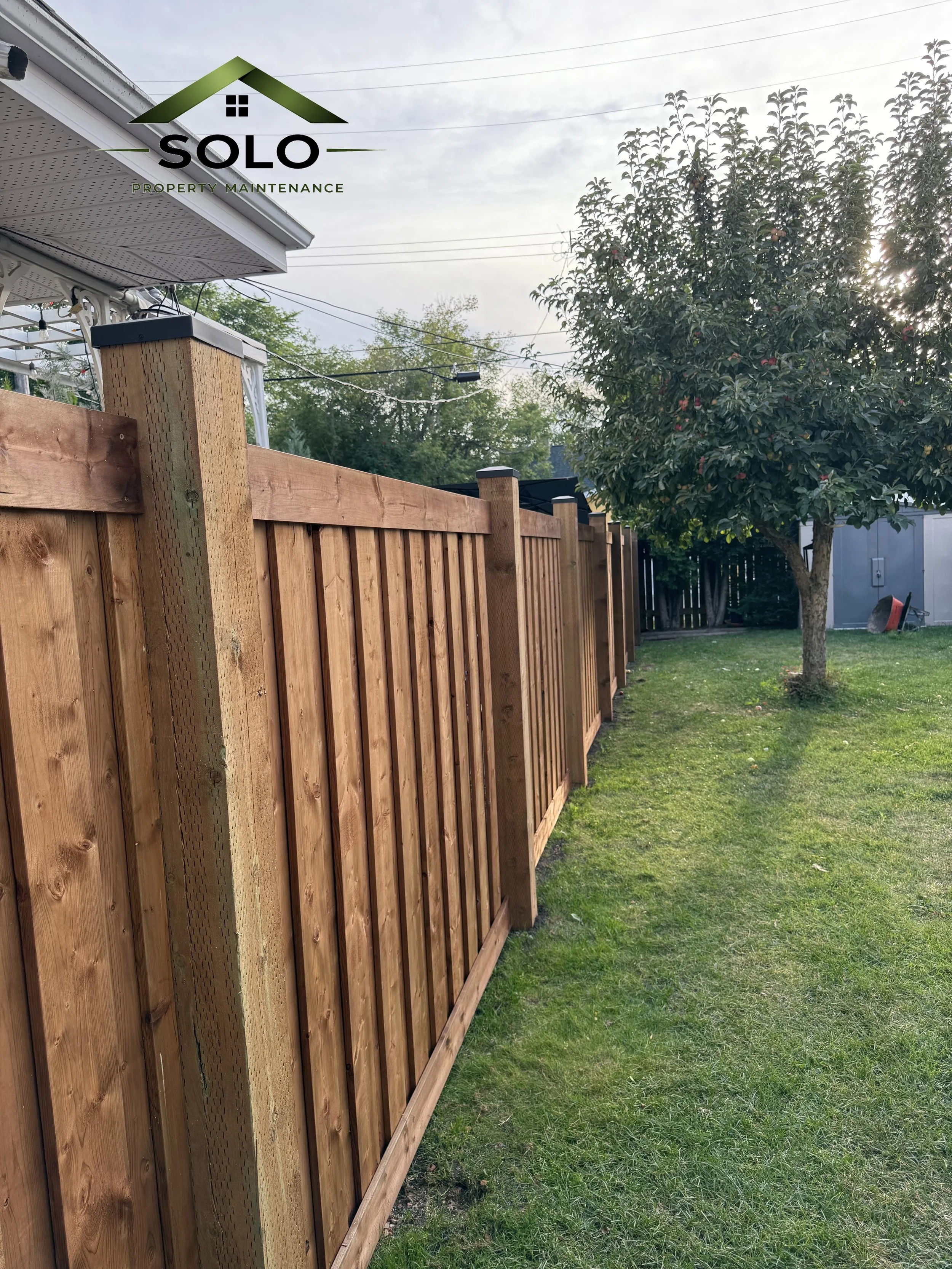 A wooden fence along a green yard with a large tree, gray shed, and power lines in the background under an overcast sky.