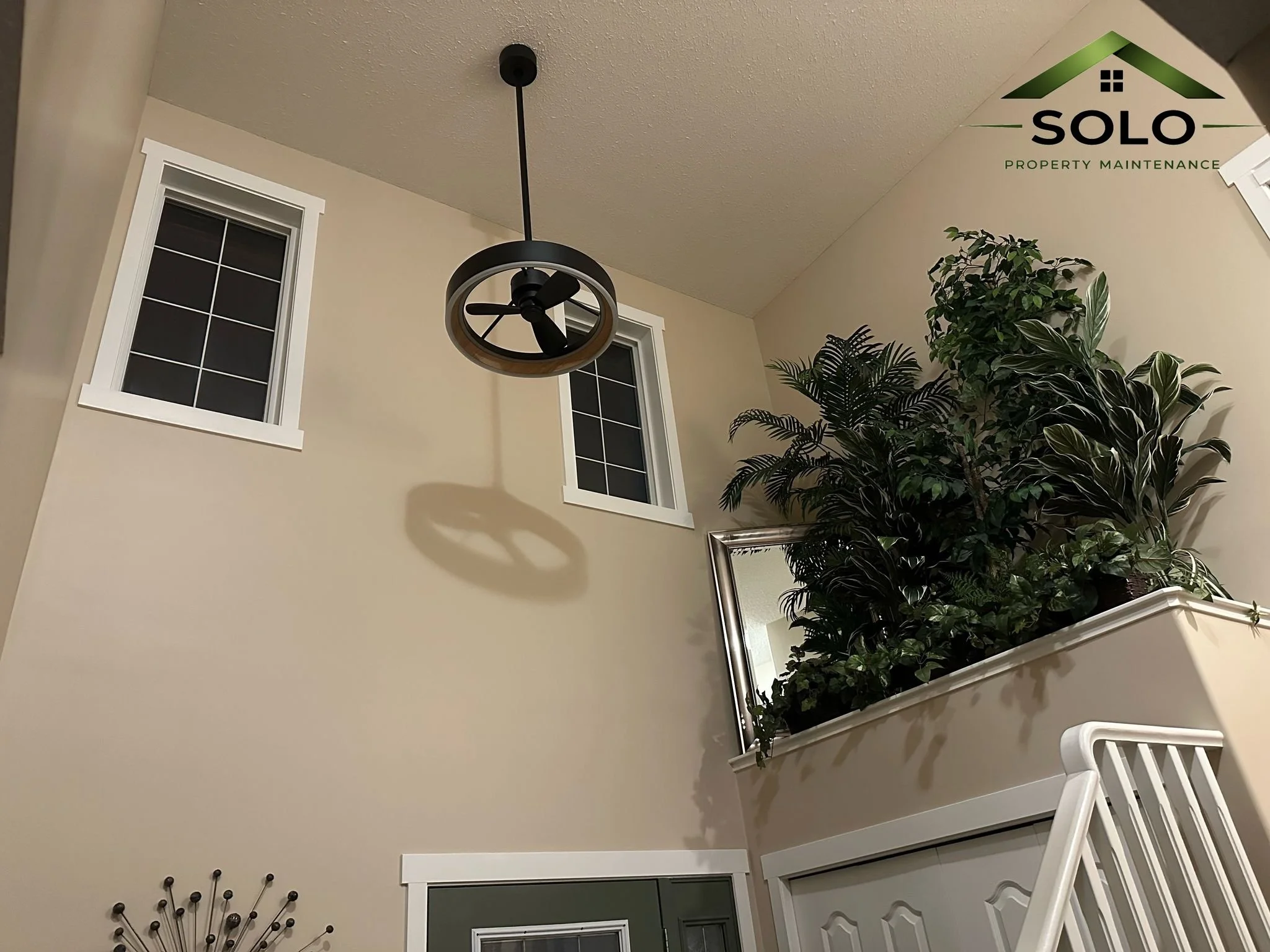 Interior of a room with beige walls, two vertically aligned windows with white frames, a black ceiling fan, a large potted plant with dark green and variegated leaves, a framed mirror, and a white chair, with a logo in the top right corner reading "S