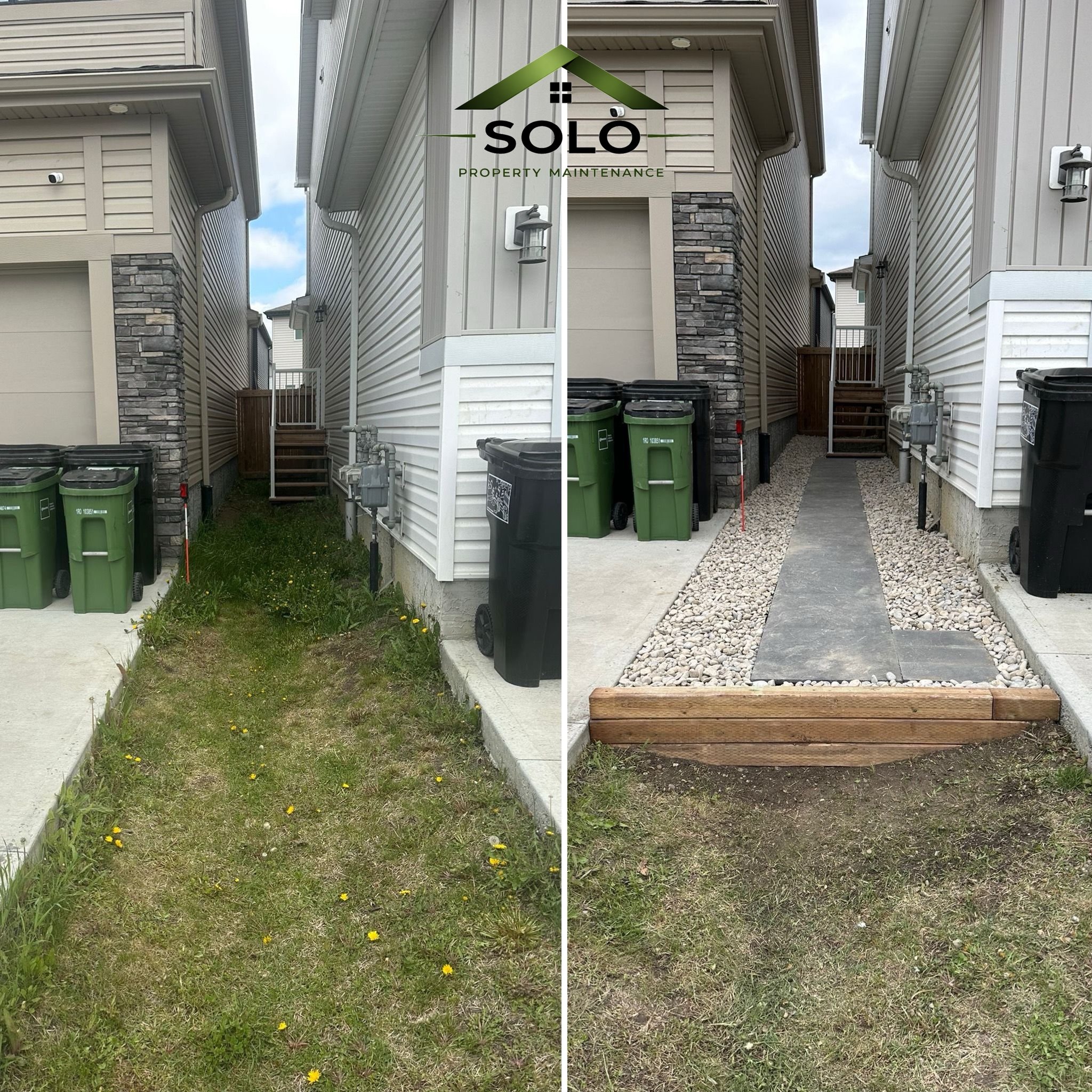 Side view of two neighboring houses with beige siding and stone accents, showing a narrow alleyway with trash bins, a small wooden staircase, and a gravel path.