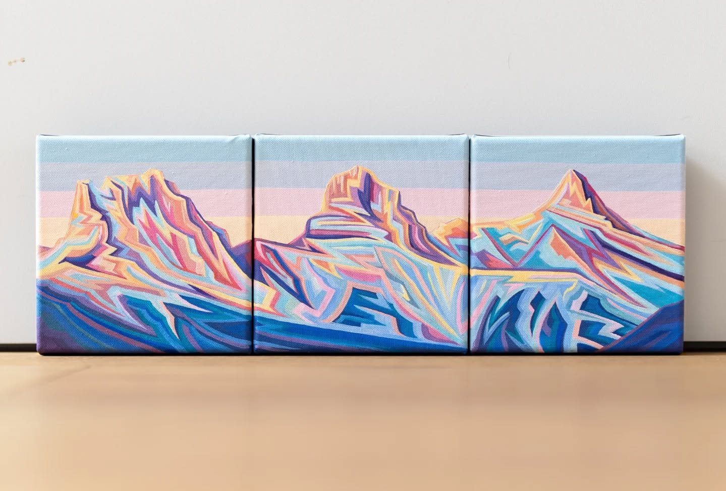 A fun little mountain trio!

Just finished this vibrant triptych of the Canmore Three Sisters. Three colourful 6x6 minis, one for each sister. These were such a joy to paint.

Each mini will be available for $80 at the @calgaryartcommunity show at Sp