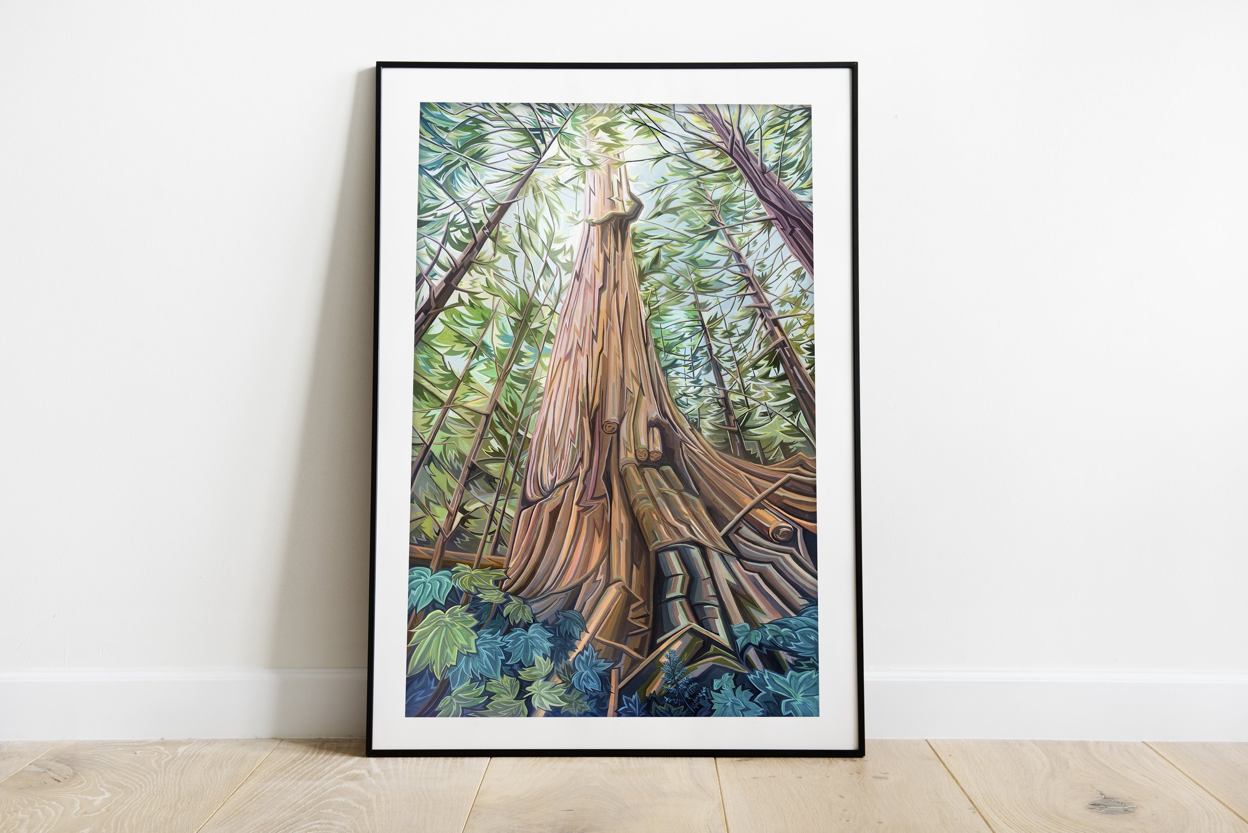 Framed colorful illustration of a tall tree trunk with forest canopy above, surrounded by other trees and green foliage.