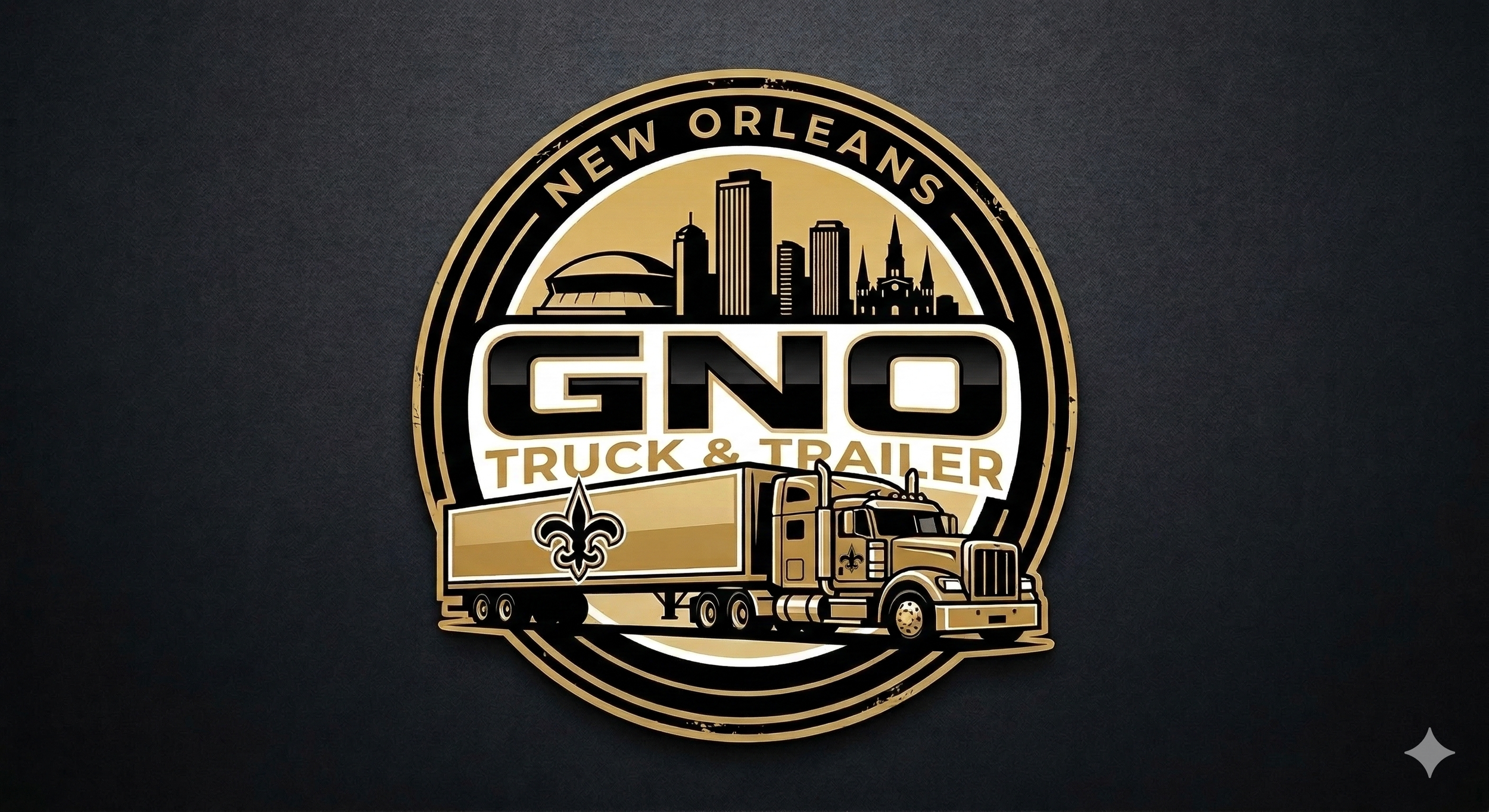 Logo for GNO Truck & Trailer with a silhouette of New Orleans skyline and a semi-truck, featuring black, white, and gold colors.