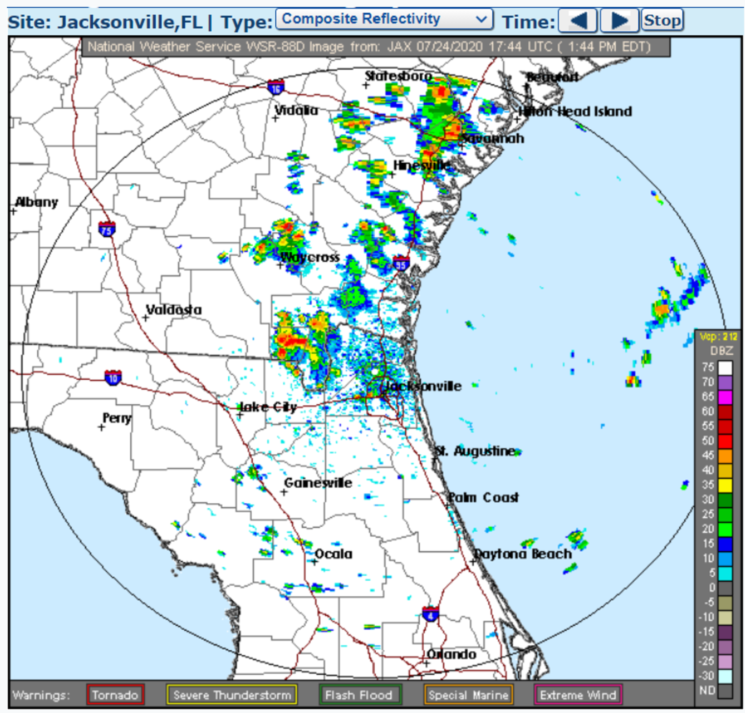 Weather radar map of Jacksonville, Florida showing scattered thunderstorms, heavy rain, and some storm activity mostly to the north and west of the city, with light rain near the coast and some isolated spots in southern Florida.