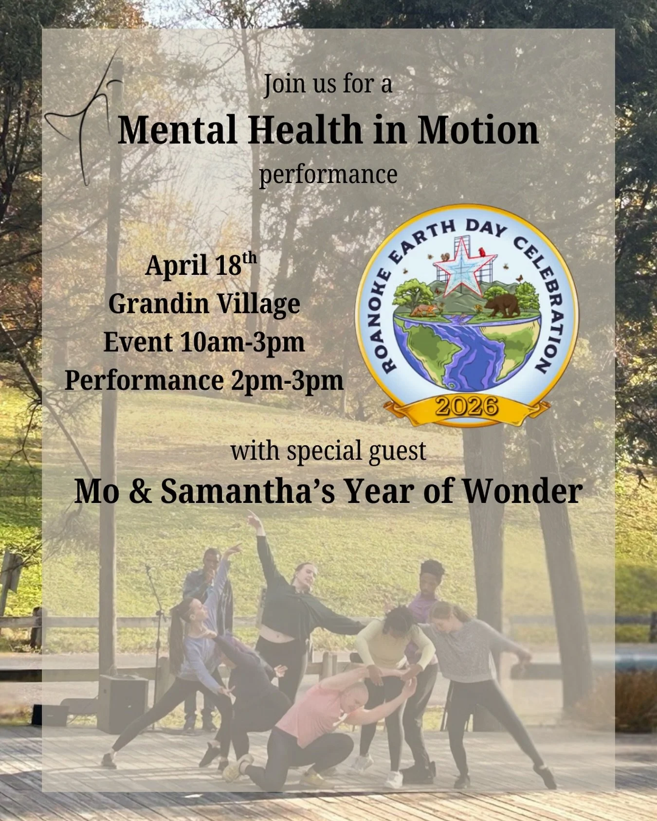 Spring is in the air, and our next performance is coming up soon! 🌱✨

Join us for the Roanoke Earth Day Celebration hosted by Clean Valley Council where we&rsquo;ll be exploring the intersection of mental health and environmental health through danc