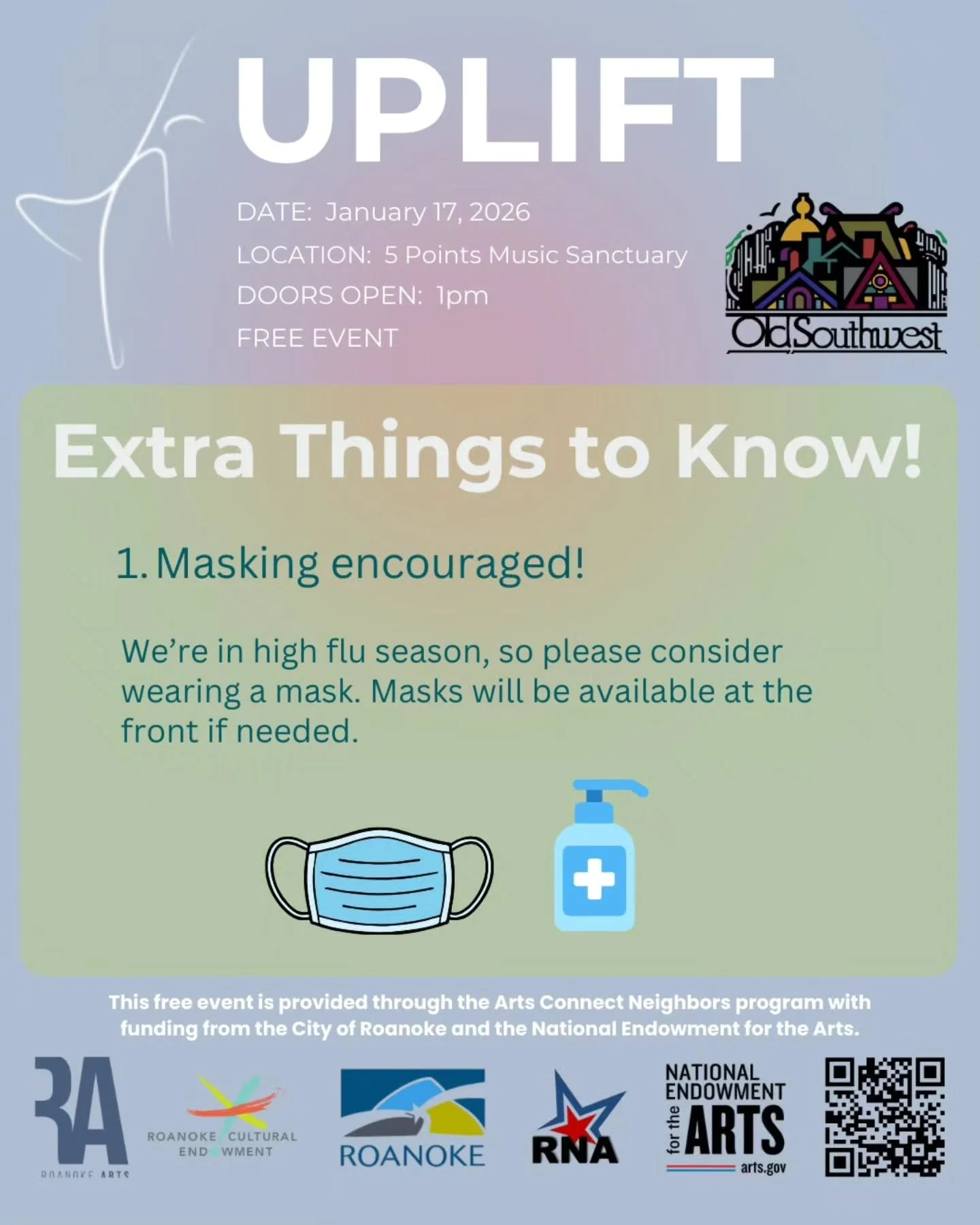 TWO MORE DAYS!

Here are 3 more details to let you know about ahead of this Saturday's event!

1. We know it's high flu season which makes gathering indoors risky, especially for our more medically vulnerable neighbors, friends, and family. Please co