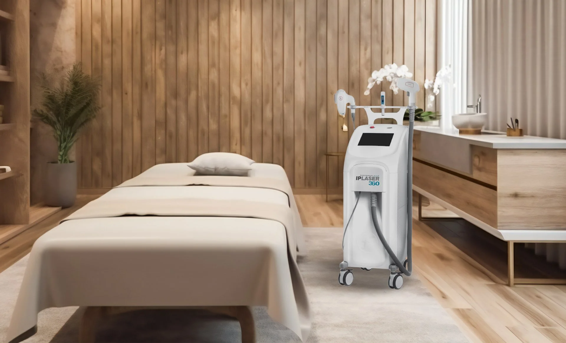 A modern spa room featuring a bed with white linens and a gray pillow, a wooden accent wall, a large potted plant, and a piece of medical or aesthetic equipment labeled IPLASER 360 with attached tools, situated on a wooden floor with a light-colored rug.