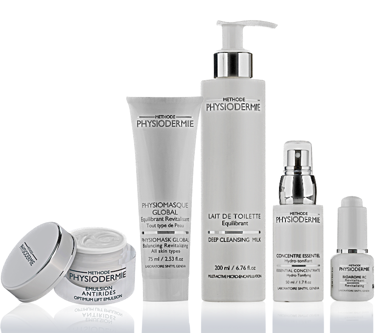 Collection of skincare products including a deep cleansing milk, revitalizing concentrate, and antirides emulsion from Method Physiodermie, displayed against a plain background.
