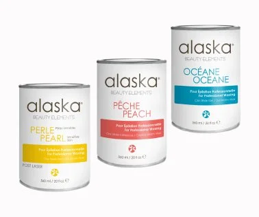 Three cans of Alaska Beauty Elements skincare products, labeled as Pearl, Peach, and Ocean, with colorful design labels.
