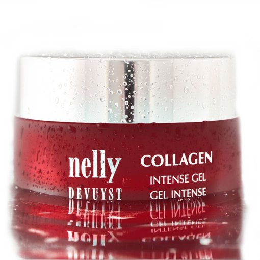 A jar of Nelly Devyst Collagen Intense Gel with water droplets on the surface.