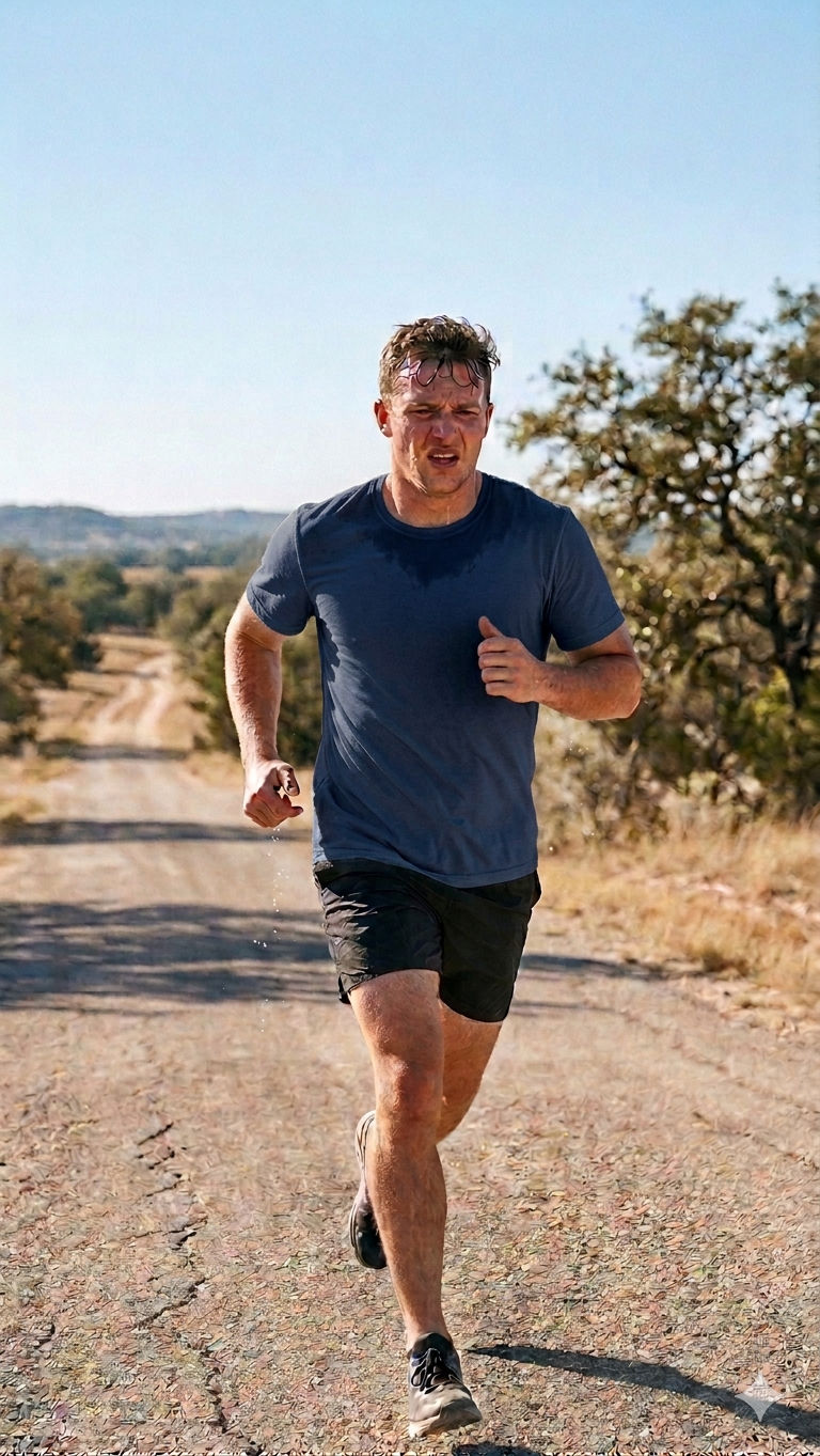 A man running on a dirt trail in a semi-arid landscape, wearing a blue t-shirt and black shorts, with trees and clear blue sky in the background.