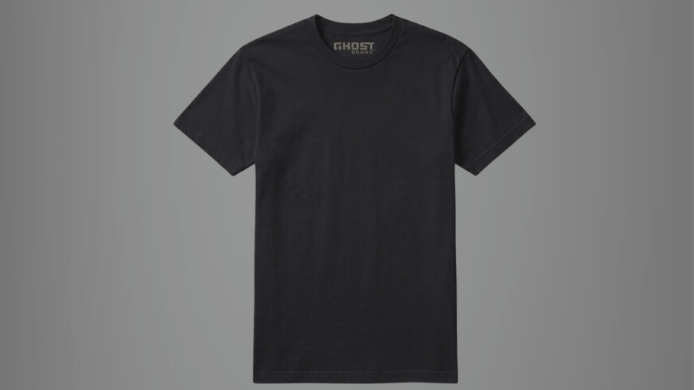 Black T-shirt with Ghost Brand logo on the inside neckline, plain front design, short sleeves, placed on a gray background.