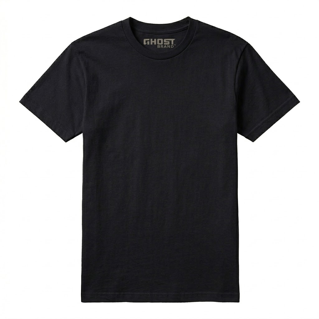 Black T-shirt with 'GHOST' brand label inside collar