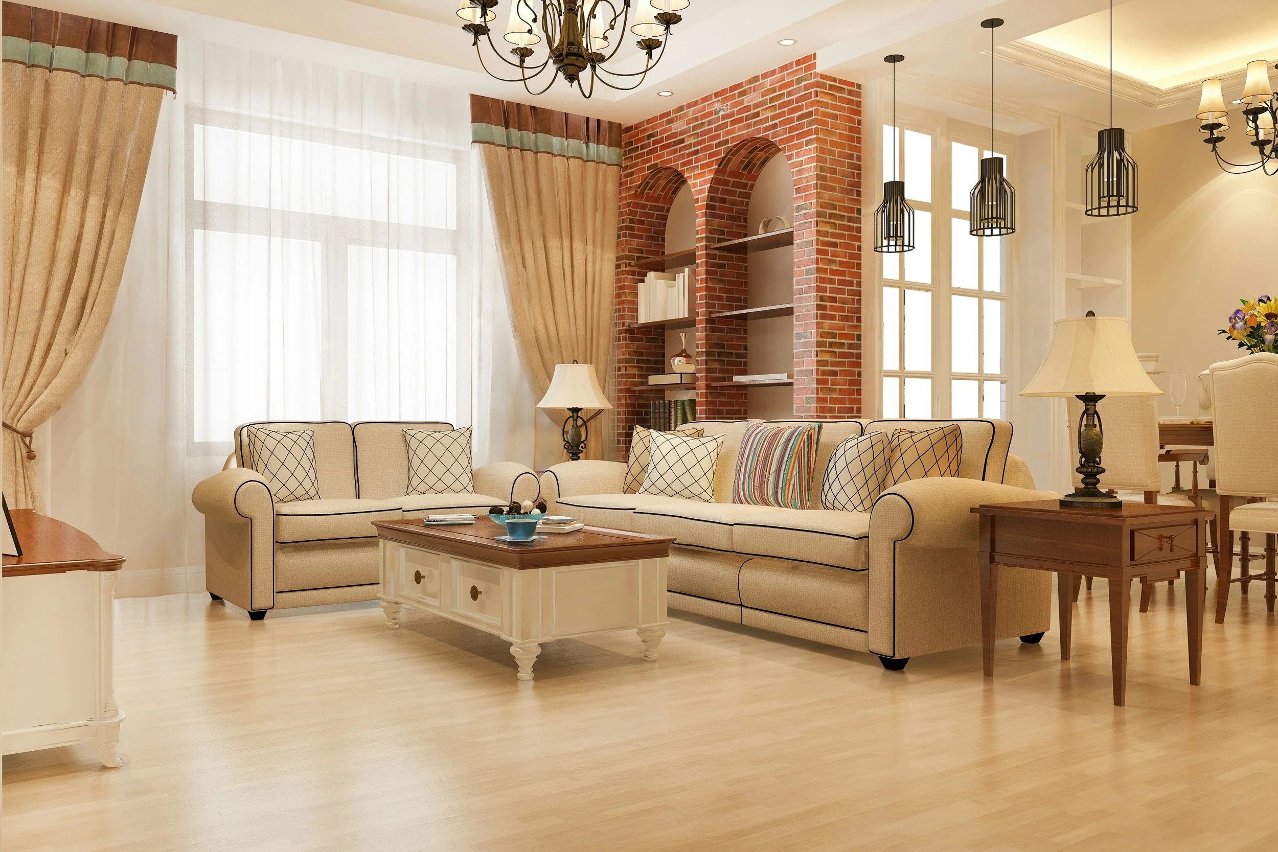 Living room with light wood-look vinyl or laminate flooring and neutral modern décor.