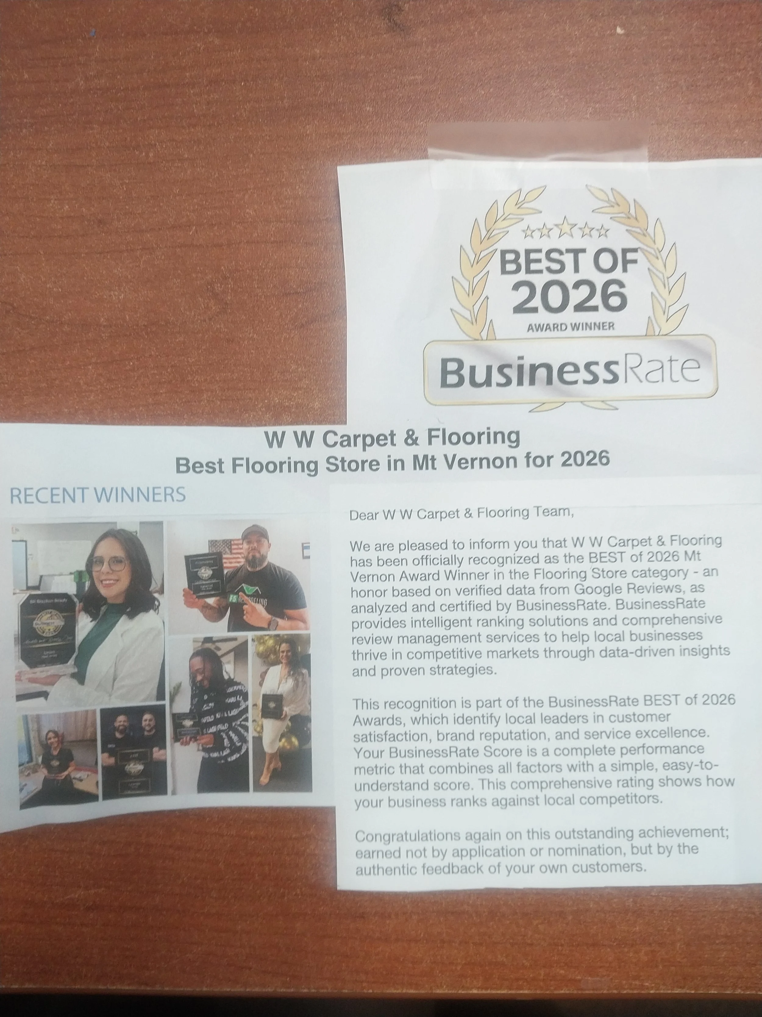 BusinessRate Best of 2026 award for W W Carpet & Flooring in Mt. Vernon Ohio