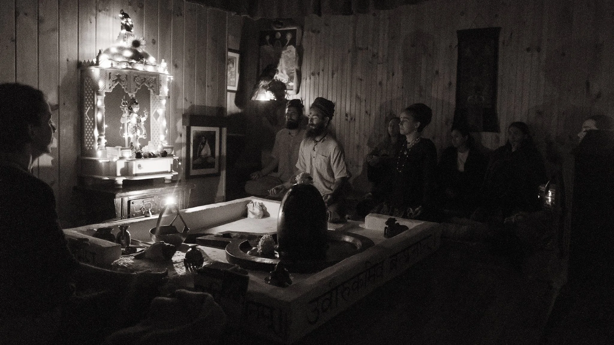 Group meditation in black and white