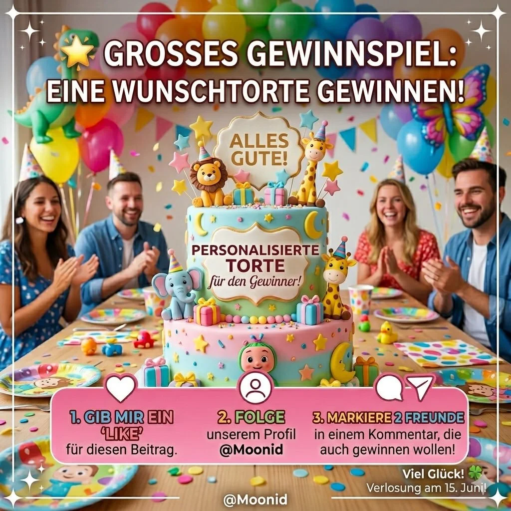 🎂 GROSSES GEWINNSPIEL: WUNSCHTORTE! 🎂
M&ouml;chtest du eine perfekte Torte f&uuml;r die n&auml;chste Party oder Geburtstagsparty gewinnen? Jetzt hast du die Chance! Wir verlosen eine personalisierte Torte ganz nach deinen W&uuml;nschen! ✨
🔔 So bis
