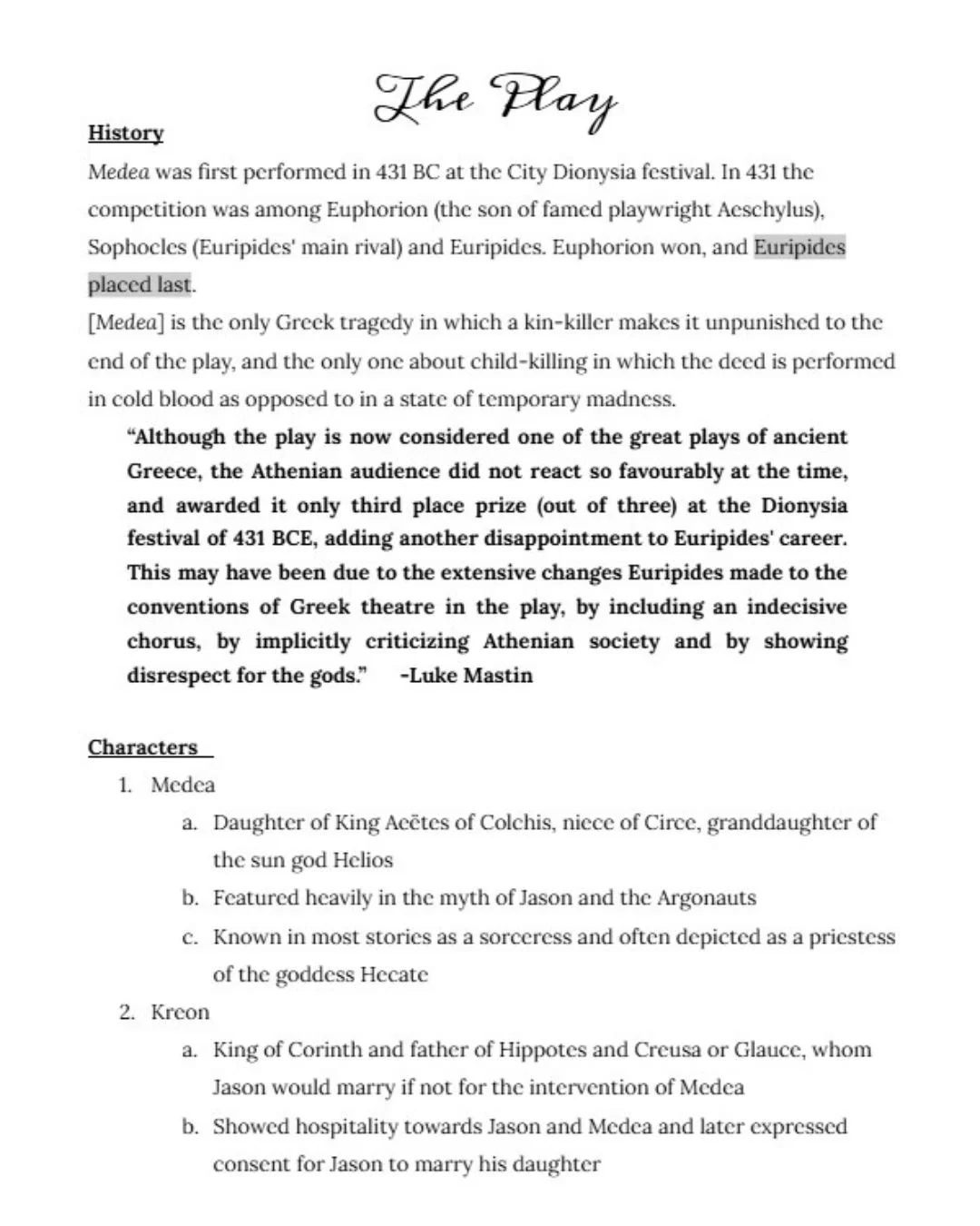 A page of a text document titled 'The Play' with sections on 'History' and 'Characters' discussing ancient Greek tragedy and characters Medea and Kreon.