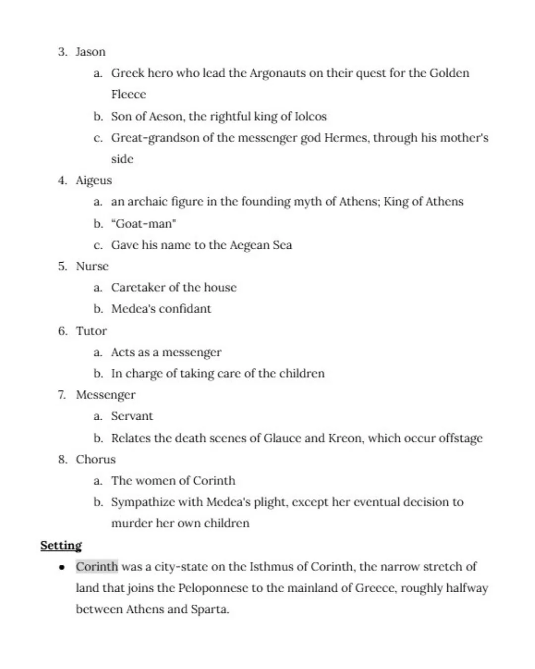 A typed document listing characters from Greek mythology, including Jason, Aegeus, Nurse, Tutor, Messenger, and Chorus, and providing brief descriptions of each, along with a section titled 'Setting' about the city-state of Corinth.