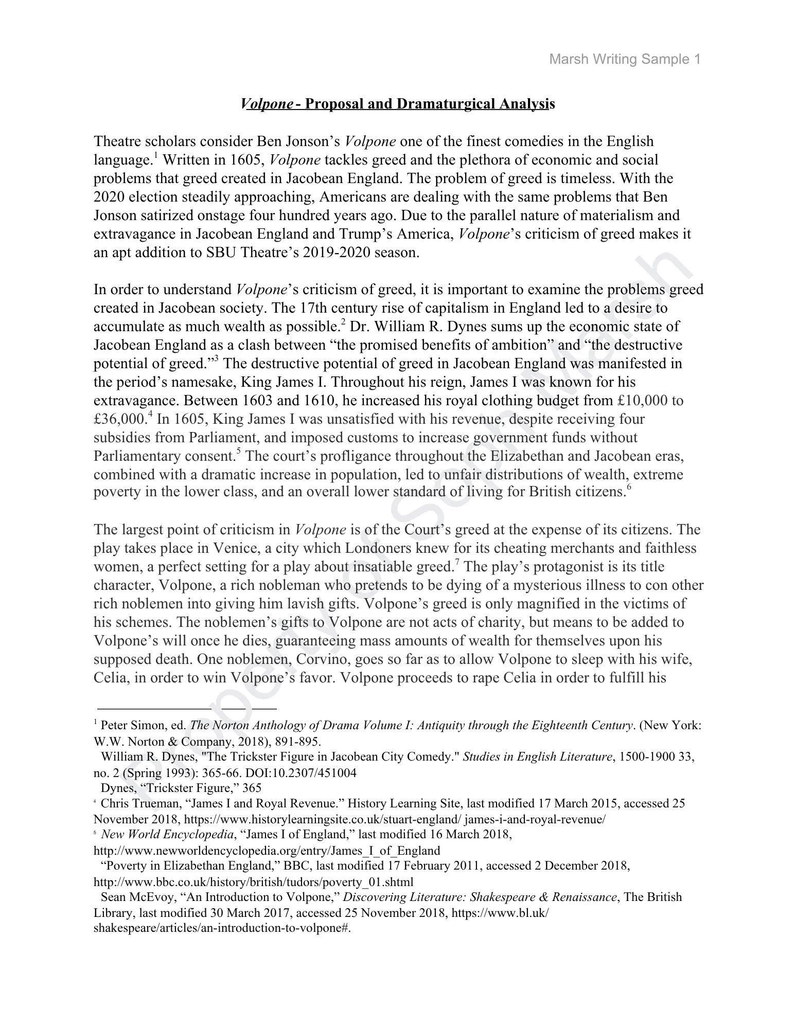 A printed academic paper titled 'Volpone - Proposal and Dramaturgical Analysis' discussing the play Volpone by Ben Jonson, including themes of greed, social critique, and character analysis.