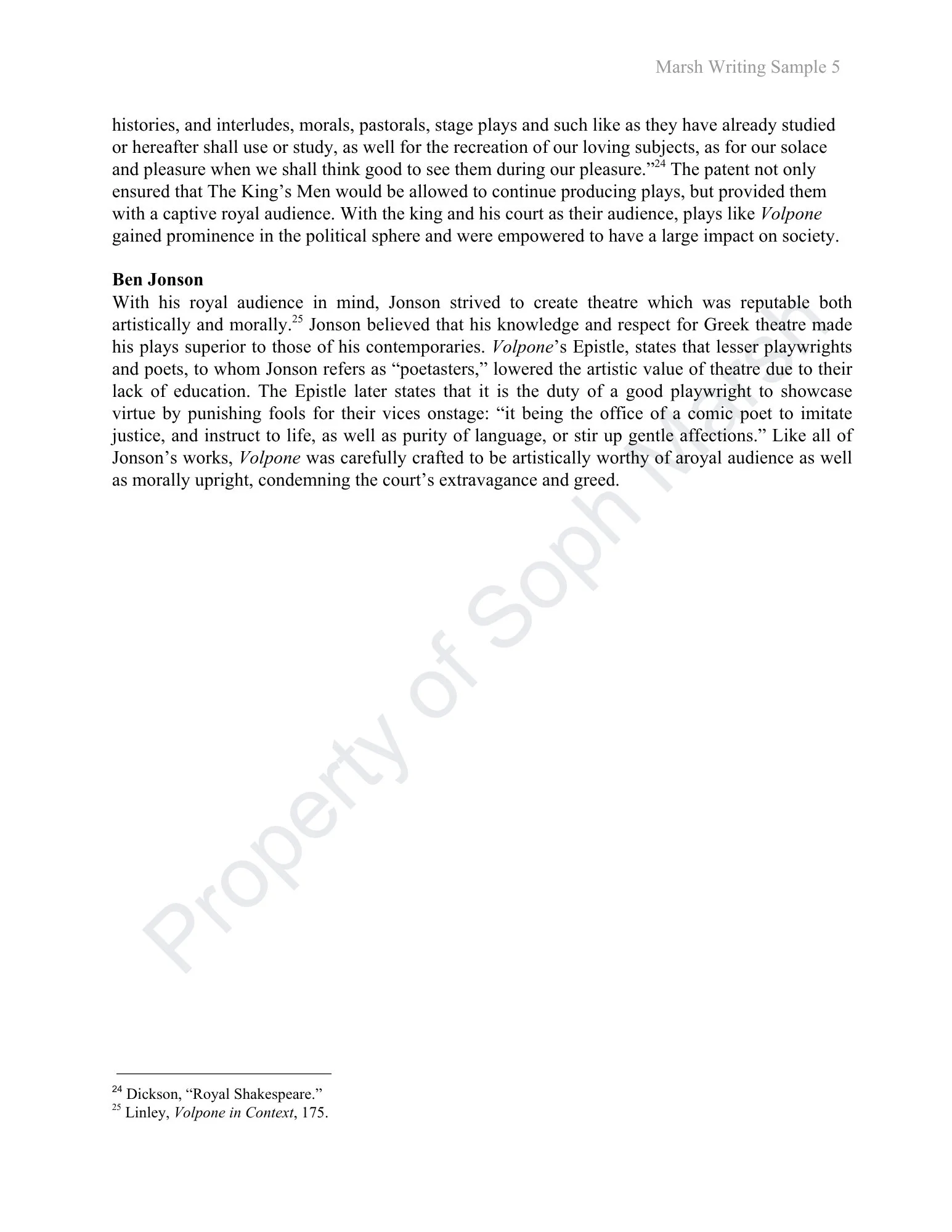 A page of text from a book or document titled 'Marsh Writing Sample 5' discussing historical topics, with a focus on theatre and Greek influences, mentioning Ben Jonson and the play 'Volpone'.