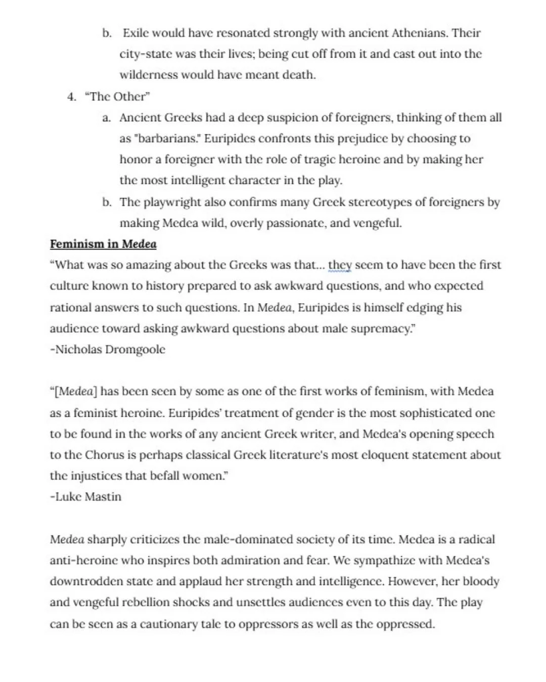 Page of a printed book or article discussing Greek history and feminism, including quotes from Nicholas Dromgoole and Luke Mastin about Medea and ancient Greek society.